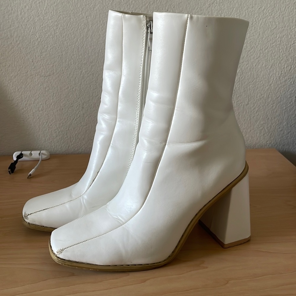 Nasty Gal White Block Heel Ankle Boots with Gold Trim